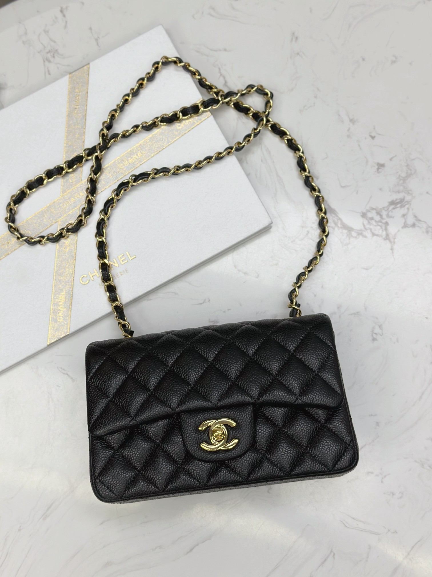 wsxc1752633239483_5 Classic MINI CF Black & Gold | Hass Caviar Calfskin Handbag | 12×20×6cm - Image 6