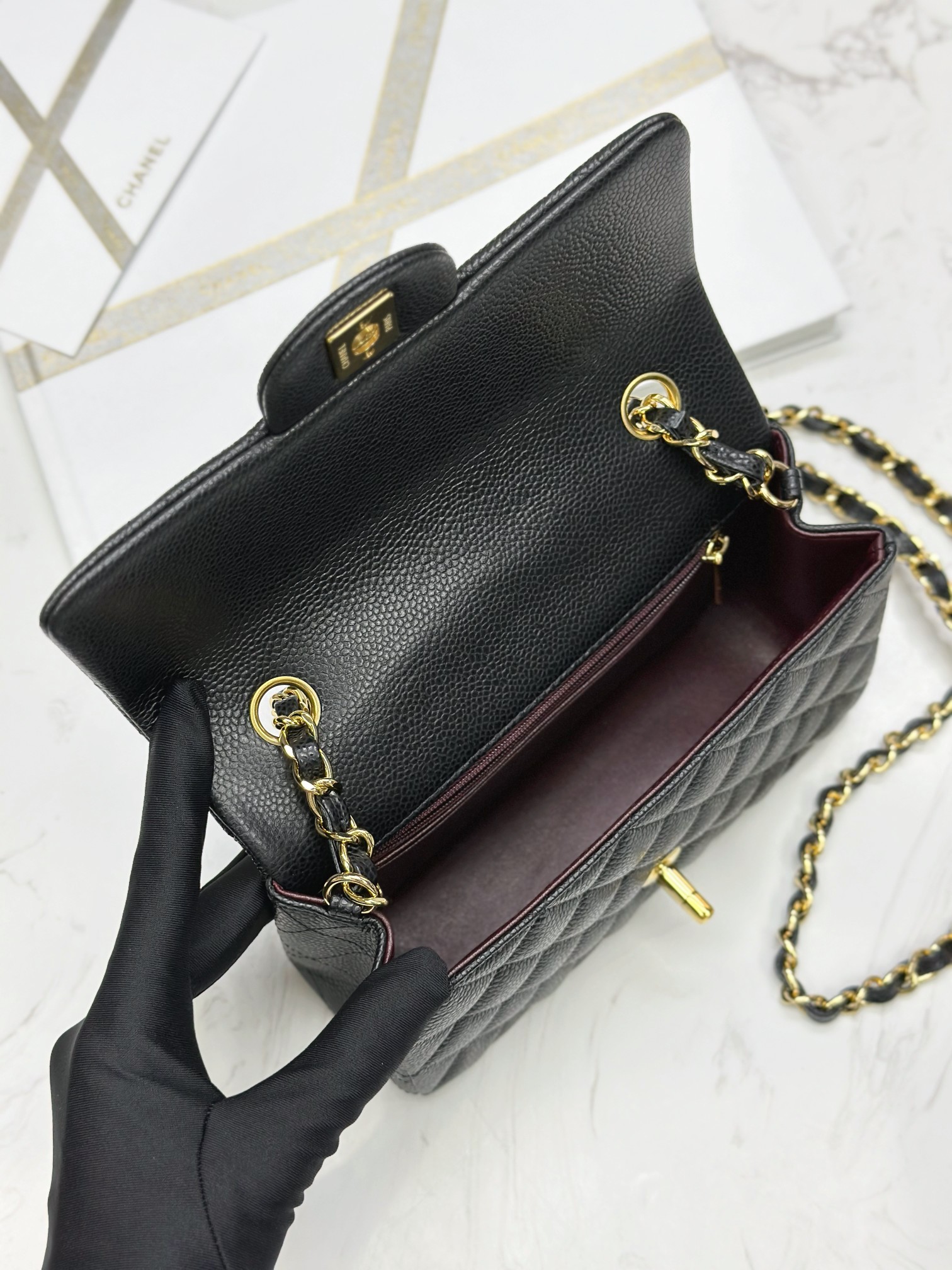 wsxc1752633239483_8 Classic MINI CF Black & Gold | Hass Caviar Calfskin Handbag | 12×20×6cm - Image 9