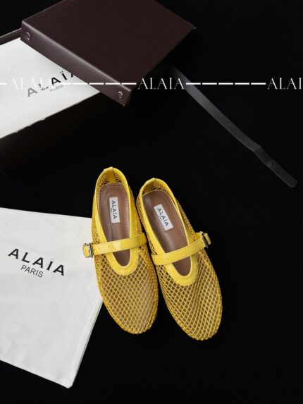 Lemon Yellow Fishnet Ballet Flats | Luxury Lambskin Lining & Zamak Buckle