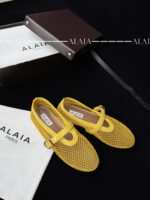 Lemon Yellow Fishnet Ballet Flats | Luxury Lambskin Lining & Zamak Buckle - Image 2