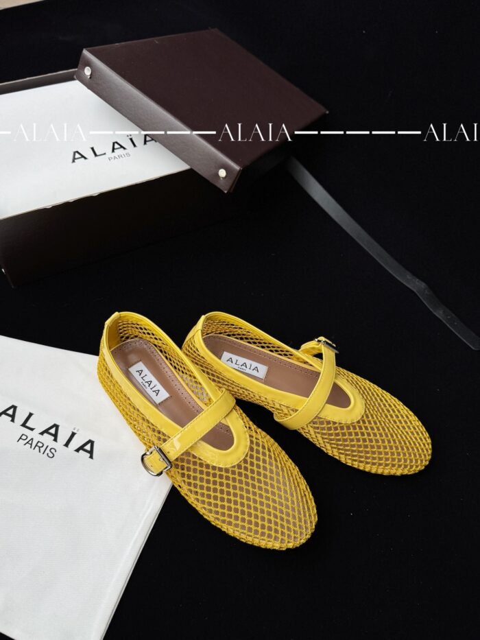 Lemon Yellow Fishnet Ballet Flats | Luxury Lambskin Lining & Zamak Buckle - Image 2