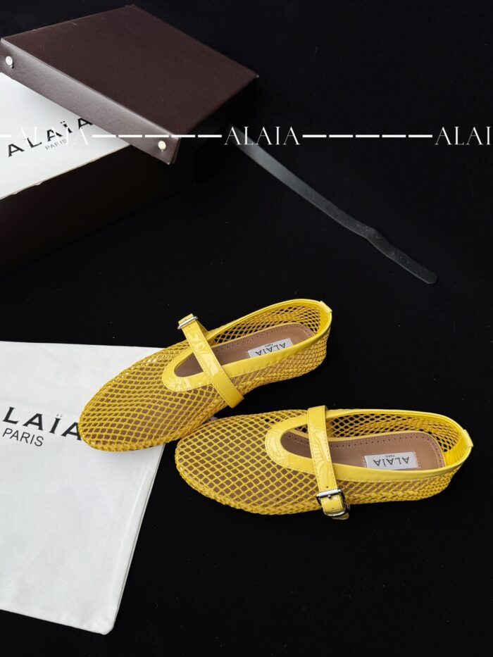 Lemon Yellow Fishnet Ballet Flats | Luxury Lambskin Lining & Zamak Buckle - Image 3