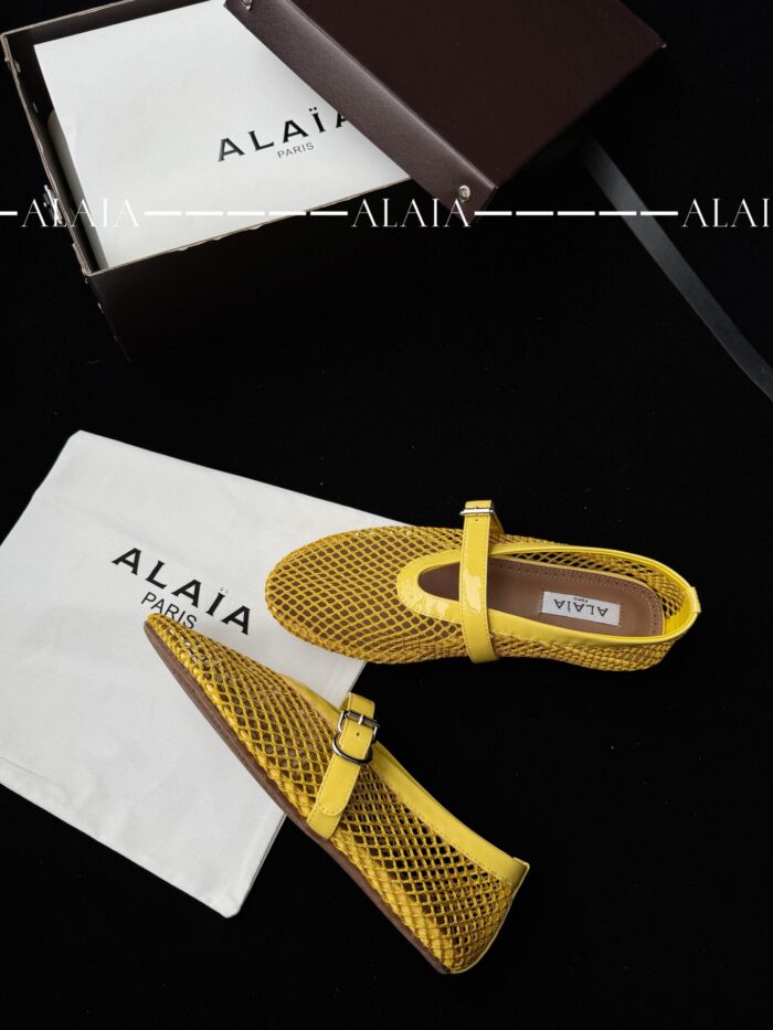 Lemon Yellow Fishnet Ballet Flats | Luxury Lambskin Lining & Zamak Buckle - Image 5