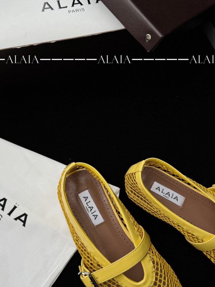 Lemon Yellow Fishnet Ballet Flats | Luxury Lambskin Lining & Zamak Buckle - Image 6
