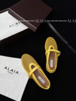 Lemon Yellow Fishnet Ballet Flats | Luxury Lambskin Lining & Zamak Buckle - Image 7