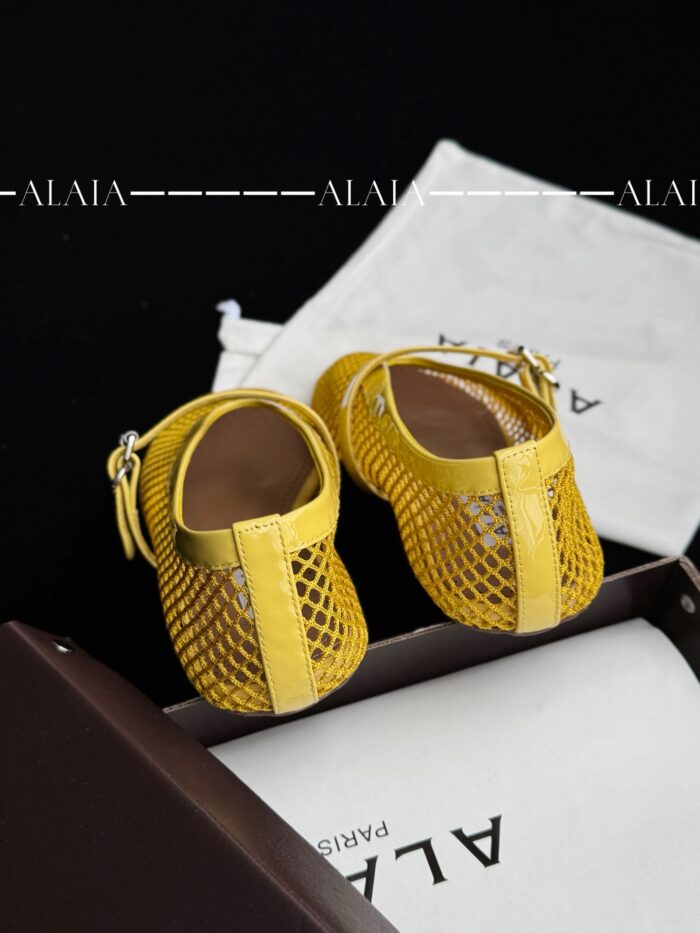 Lemon Yellow Fishnet Ballet Flats | Luxury Lambskin Lining & Zamak Buckle - Image 9