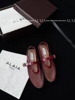 Burgundy Fishnet Ballet Flats | Elegant Mesh Design with Lambskin Comfort
