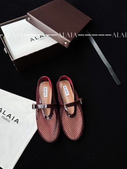 Dark Red Fishnet Ballet Flats | Luxe Mesh & Lambskin