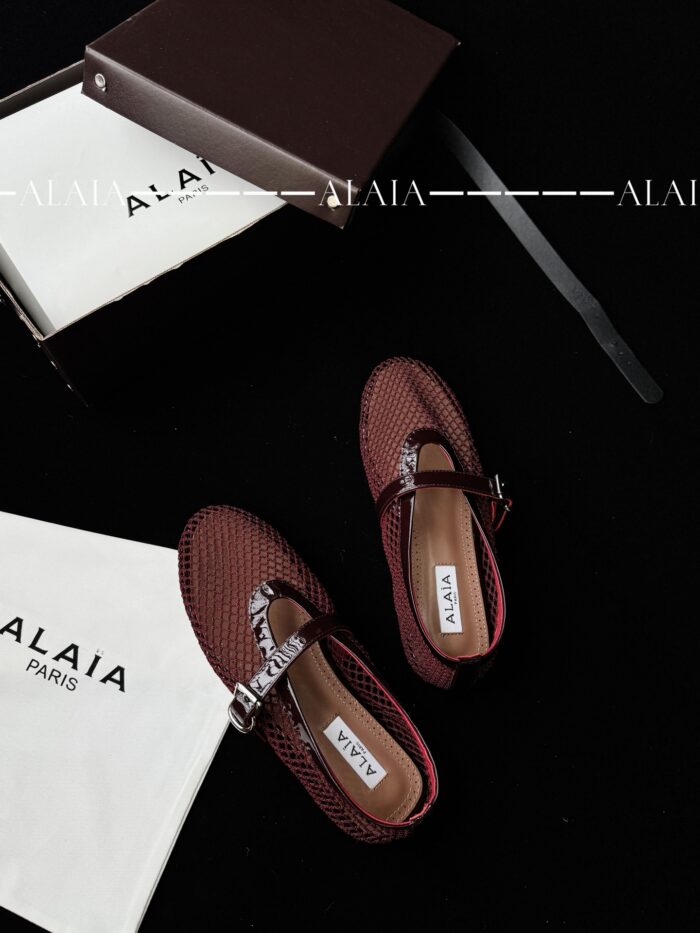 Dark Red Fishnet Ballet Flats | Luxe Mesh & Lambskin - Image 4