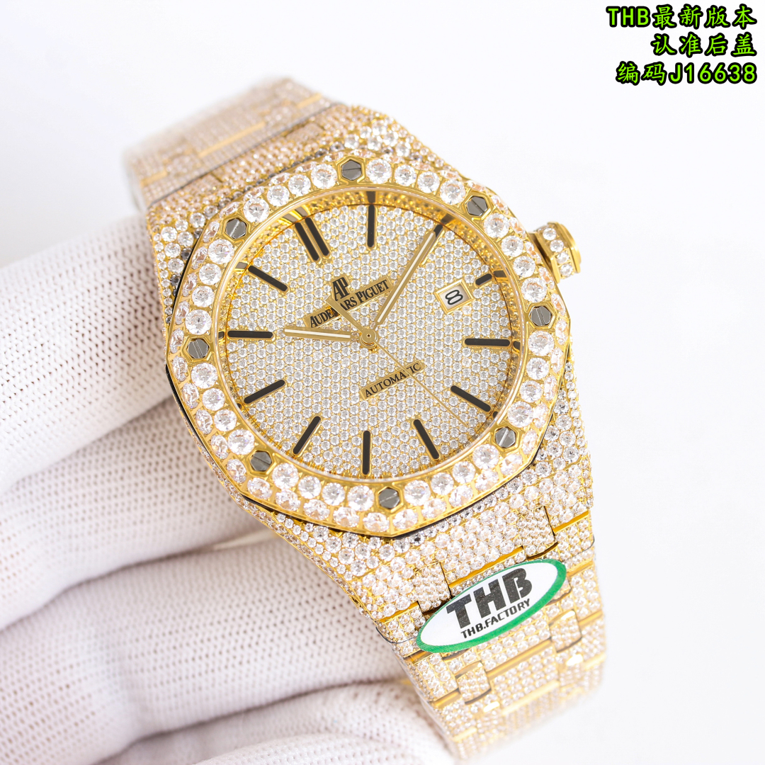 13398324598676236 THB Royal Oak 15400 Full Diamond Watch – 41mm Iced Out Edition | Available in Gold, Silver, Rose Gold - Image 6