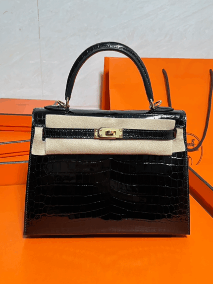 Kelly 25 Bag – Noir with Gold Hardware, 25×20×13 cm, Matte Alligator Leather from France