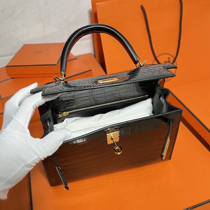 Kelly 25 Bag – Noir with Gold Hardware, 25×20×13 cm, Matte Alligator Leather from France - Image 9