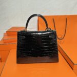 Kelly 25 Bag – Noir with Gold Hardware, 25×20×13 cm, Matte Alligator Leather from France - Image 16