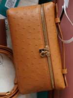 Extra Pocket L19 Clutch – Cognac, Genuine Ostrich Leather, 11x19x6.5 cm