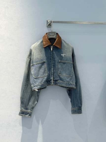 Luxury Denim Cropped Jacket with Signature Triangle Detail – Inspired by Italian Design