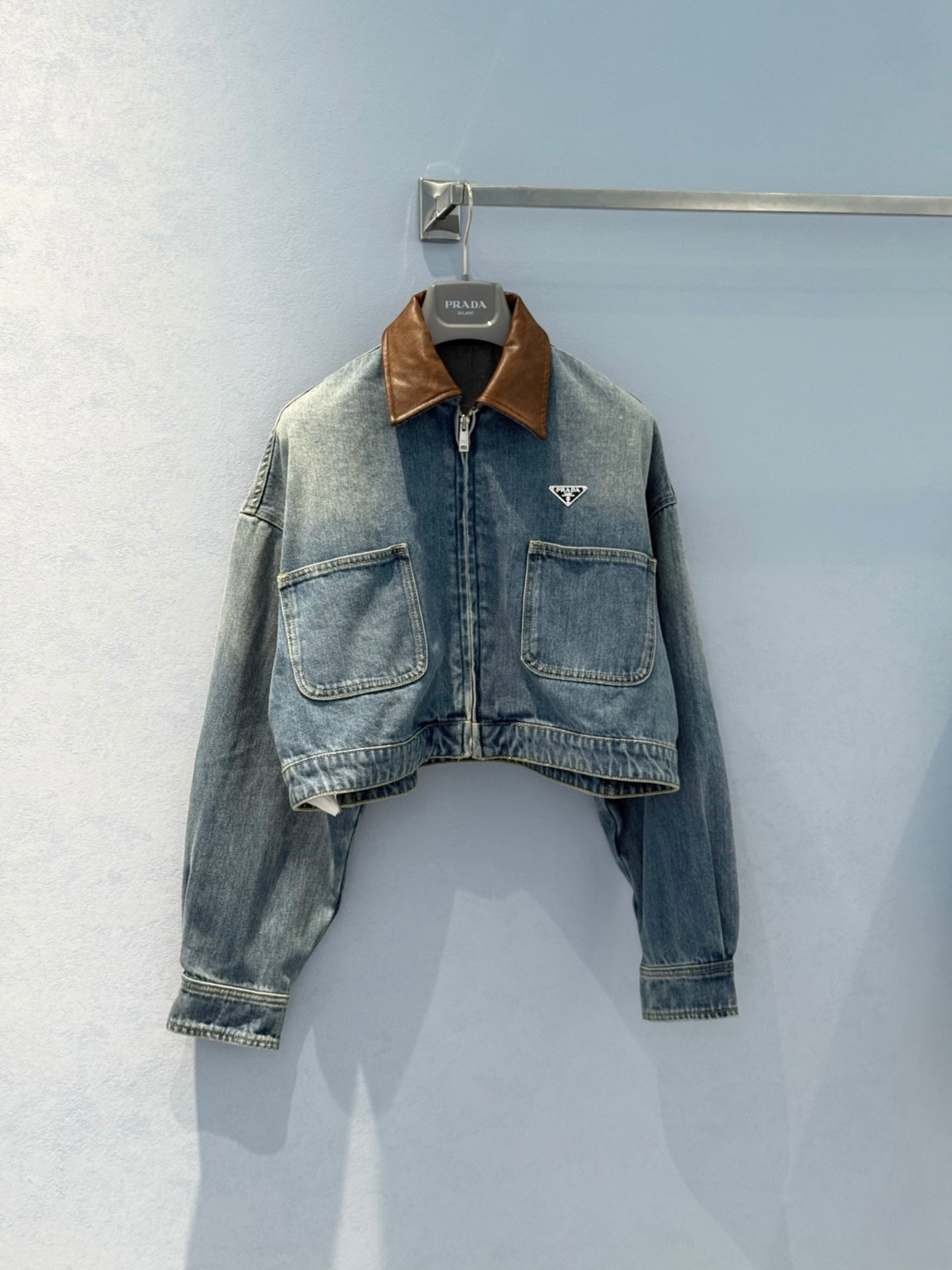 wsxc1754571756338_0(1) Luxury Denim Cropped Jacket with Signature Triangle Detail – Inspired by Italian Design - Image 1