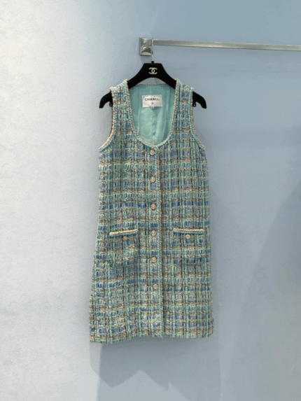 Luxury Apple Green Tweed Dress with Signature Lion Button – Handcrafted Summer Collection