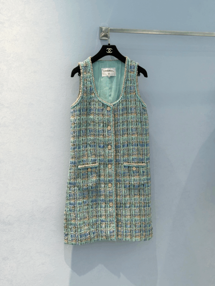 Luxury Apple Green Tweed Dress with Signature Lion Button – Handcrafted Summer Collection - Image 1