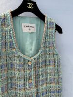 Luxury Apple Green Tweed Dress with Signature Lion Button – Handcrafted Summer Collection - Image 3