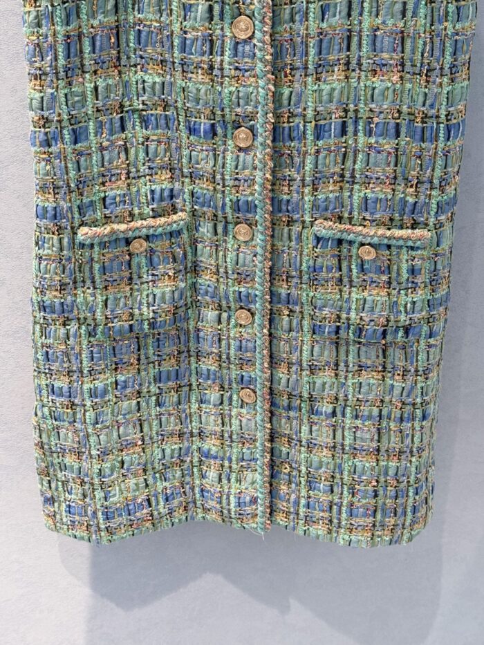 Luxury Apple Green Tweed Dress with Signature Lion Button – Handcrafted Summer Collection - Image 6