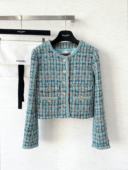 Apple Green Handwoven Tweed Jacket with Signature Lion Buttons – 25A-Inspired Luxury Edition
