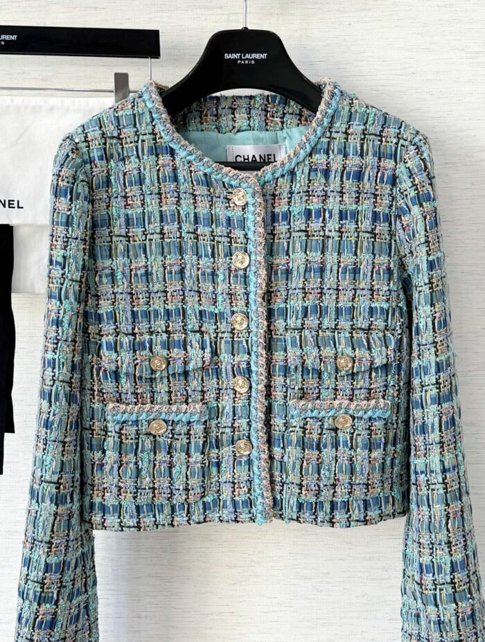Apple Green Handwoven Tweed Jacket with Signature Lion Buttons – 25A-Inspired Luxury Edition - Image 3