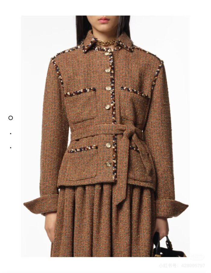 Elegant Contrast-Trim Wool Tweed Set – Blazer & Pleated Skirt | Fall/Winter Collection - Image 16