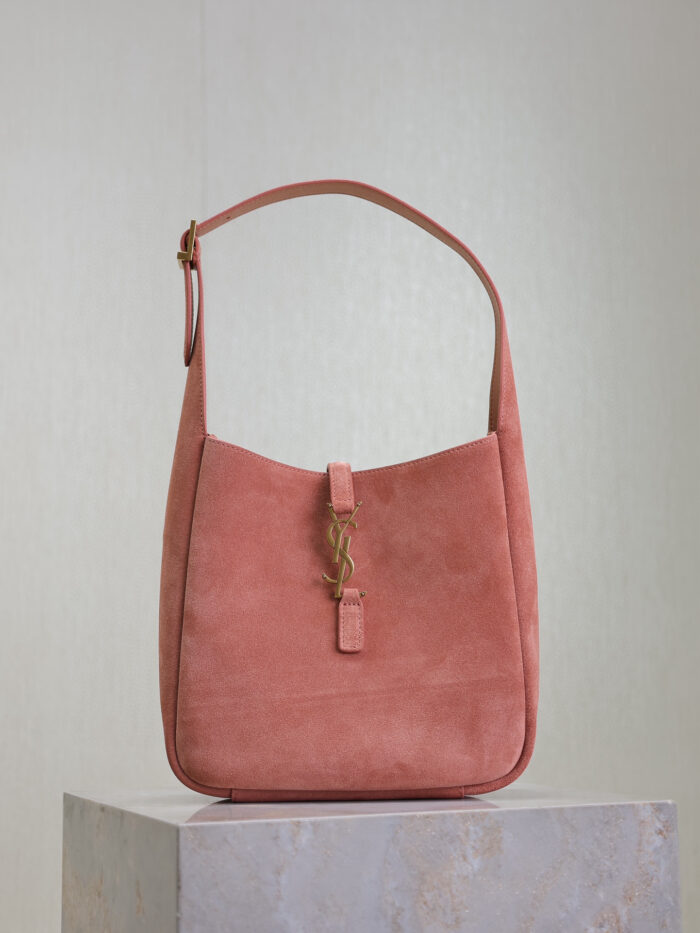 Mini LE 5 À 7 Soft Shoulder Bag in Suede Leather – Light Pink, Cassandre Closure - Image 1