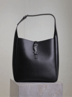 Large LE 5 À 7 Soft Leather Bag – Black with Silver Hardware, Cassandre Closure