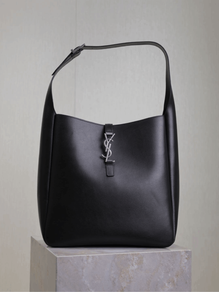 Large LE 5 À 7 Soft Leather Bag – Black with Silver Hardware, Cassandre Closure - Image 1