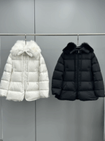 Moncler Locustelle Women’s Mid-Length Down Coat with Oversized Fur Hood – Black, White | Sizes 0–2