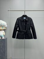Prada Women’s Belted Down Jacket with Logo and Flap Pockets – Black | Sizes S–L
