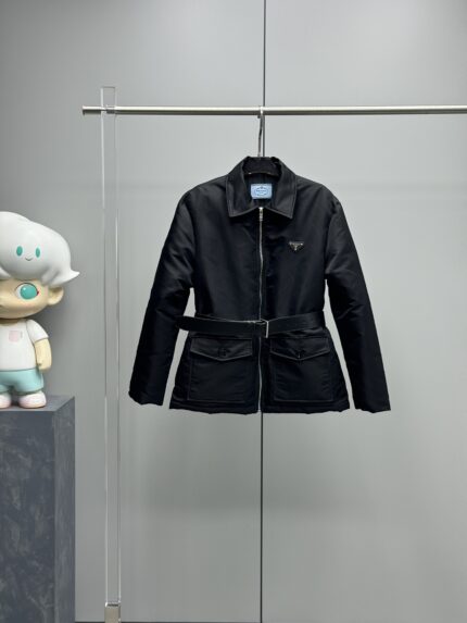 Prada Women’s Belted Down Jacket with Logo and Flap Pockets – Black | Sizes S–L